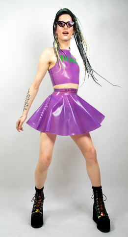 Sheer lilac latex skirt, queer techno Berlin fashion, berghain, kitkat club 